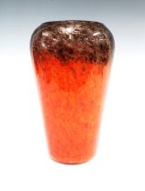 Scottish art glass vase, the red and black ground with gold aventurine inclusions, Monart paper