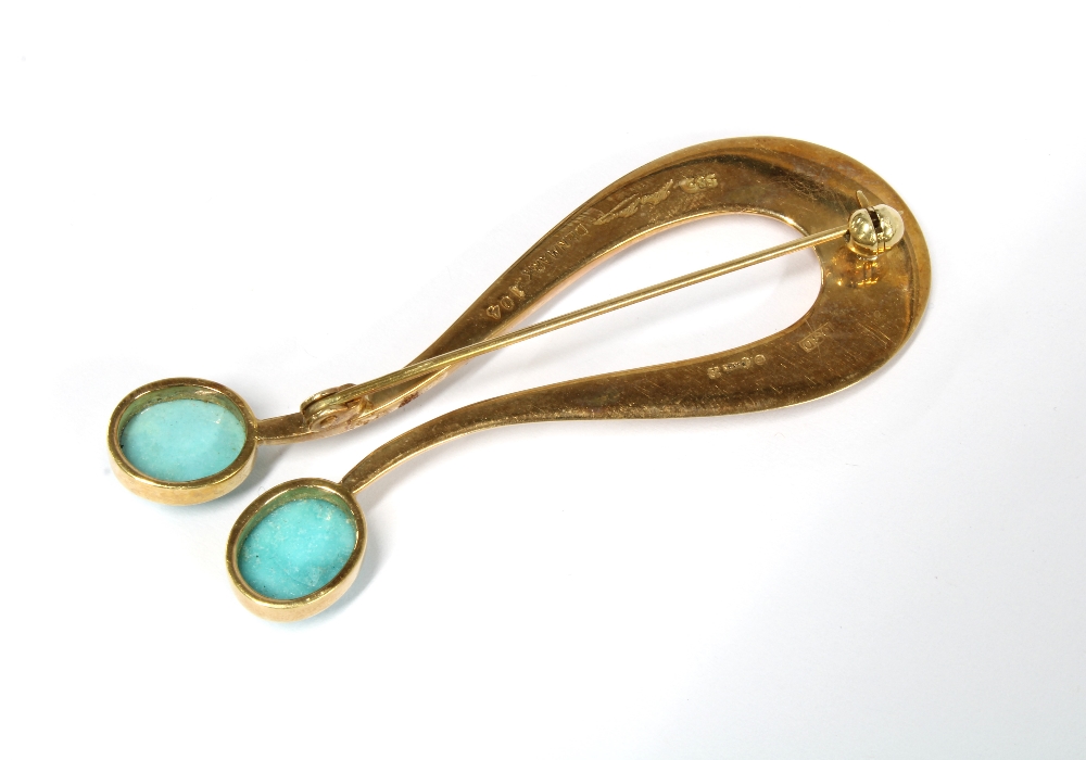 Hans Hansen turquoise and 14ct gold brooch, signed and stamped 585 Denmark with import hallmarks for - Image 2 of 2
