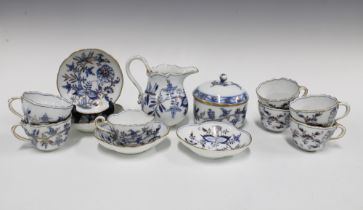 Meissen Blue Onion part teaset to include six cups, four saucers, sugar bowl and cream jug (jug
