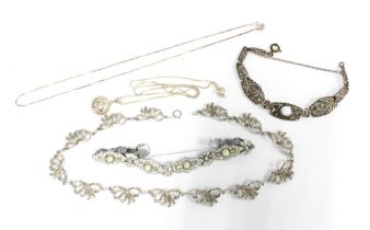 Vintage silver and marcasite jewellery and a silver pendant necklace, etc