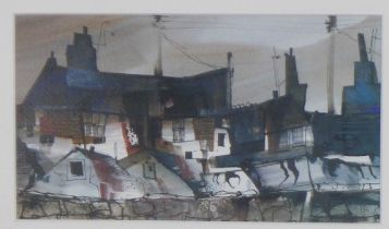 Print of a rooftop scene, framed under glass, 24 x 14cm