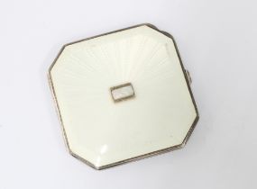 An Art Deco silver and white guilloche enamel powder compact, Birmingham 1936, the hinged lid with