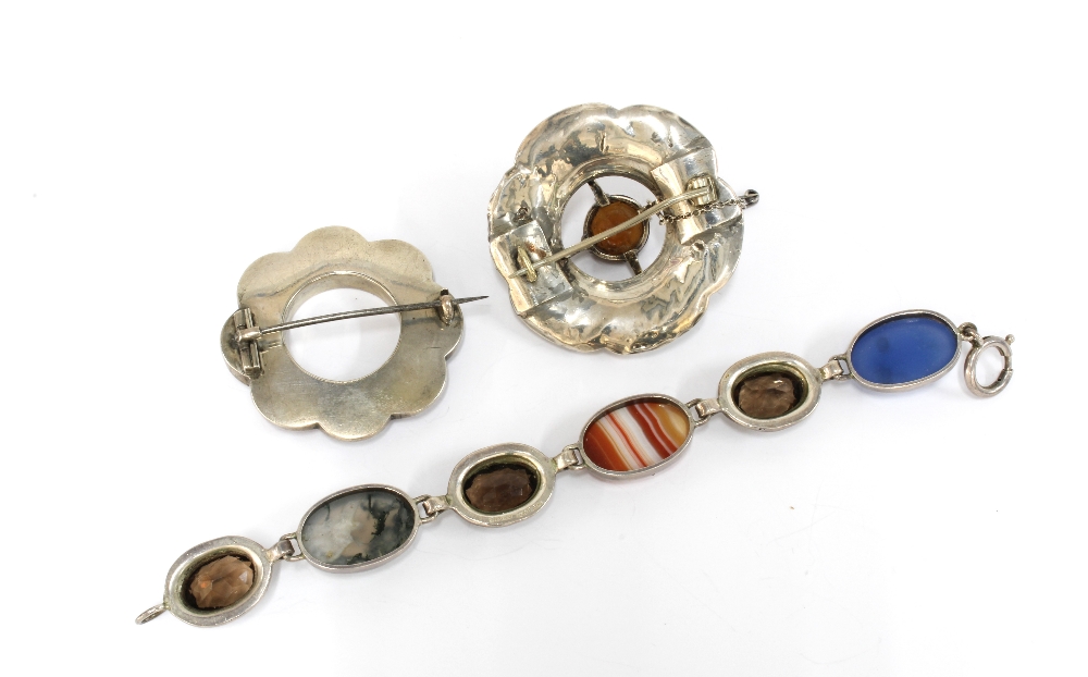 A collection of Scottish coloured hardstone jewellery to include two brooches and a bracelet, - Image 2 of 2
