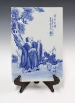 20th century Chinese blue and white porcelain plaque, rectangular form, painted with an edler and