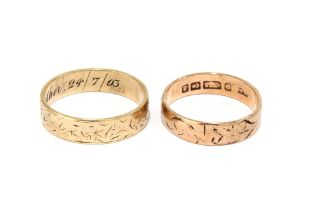 9ct rose gold wedding band, Birmingham 1900, together with a 15ct gold wedding band inscribed Mother