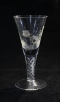 Jacobite pattern wine glass, trumpet bowl engraved with rose and bud spray, spiral airtwist stem and