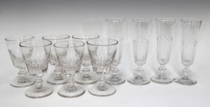 Set of six Victorian facet cut glass rummers and three champagne flutes (9) 18cm.