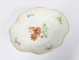 Meissen porcelain dish, oval with handpainted flowers, blue crossed swords mark, 18 x 15cm.