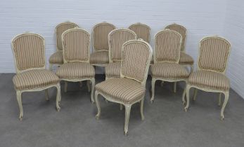 Set of ten chairs Louis XV style cream painted and parcel gilt side chairs, striped upholstery, 51 x