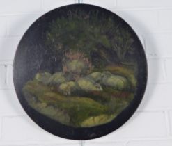 Circular painted wood panel depicting sheep, 36cm diameter