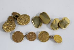 Three pairs of Gents yellow metal cufflinks to include a pair of coin form and inscribed Canadian