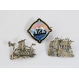 Silver and enamel Viking boat brooch, stamped 925S together with a silver brooch stamped 830 and a