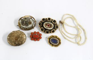 Victorian yellow metal brooches to include two seed pearl brooches, coral brooch and another with