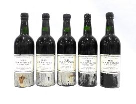 Five bottles of 1963 Martinez vintage port, shipped and bottled by Hedges & Butler LTD (5)
