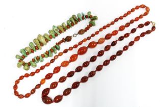 Three strands of vintage coloured glass and hardstone beads, (3)