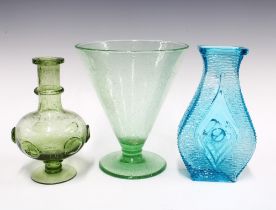 Coloured art glass to include two Clutha style vases and pale blue moulded glass vase, (3) 22cm.