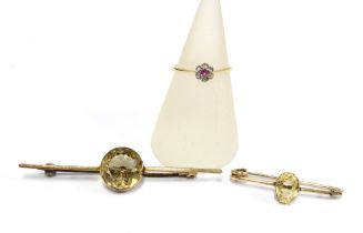 18ct old cut diamond flowerhead ring, stamped 18ct together with a 9ct gold citrine brooch and