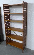 Vintage teak Ladderax style shelving system, with slatted sides and adjustable shelves, 95 x 201cm