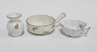 Meissen miniature porcelains to include a pickle dish, 9cm, miniature porcelain vase, 6.5cm and a