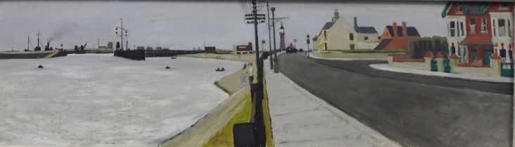 MID CENTURY SCHOOL, UNTITLED SHORE & STREET SCENE, oil on board, unsigned and framed, back board