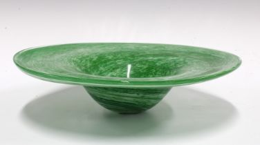 Green art glass bowl with a flattened rim and swirling pattern, 31cm.