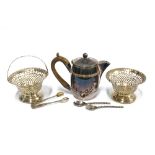 A pair of white metal pierced baskets, (one lacking handle) two London silver coffee spoons, Epns