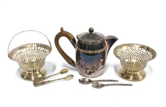 A pair of white metal pierced baskets, (one lacking handle) two London silver coffee spoons, Epns