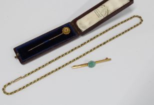 9ct gold necklace, 15ct gold ruby tie pin and a yellow metal turquoise brooch (3)