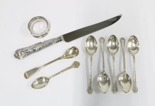 Seven silver teaspoons with various hallmarks, a Birmingham silver napkin ring and a silver