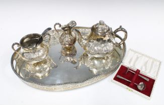 EPNS floral three piece bachelors tea set, together with an inscribed presentation tray from City