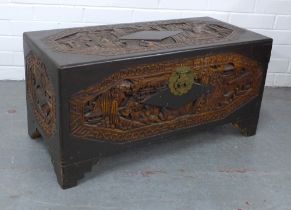 Chinese carved camphor wood chest / blanket box, 80 x 40 x 38cm.