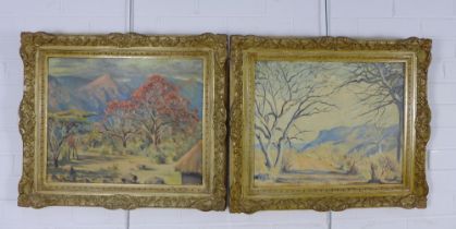 FM EDWARDS, a pair of landscape oil on canvas board panels, signed, within ornate moulded frames, 50