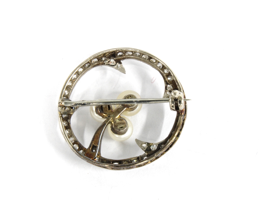 Diamond and pearl brooch set in a circular white metal open frame, unmarked, with a Hamilton & - Image 2 of 2