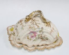 19th century Staffordshire Devon Roses pattern butter dish and stand, 28cm.