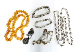 Amber beads, a silver and amber chain necklace, Modernist necklace and matching bracelet with