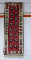 Vintage flatweave Kelim style runner, red field with ivory hooked border, 205 x 71cm