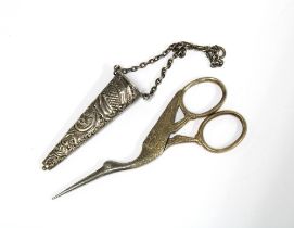 An Edwardian silver chatelaine case, Chester 1903, containing a pair of 'stork' scissors (2)