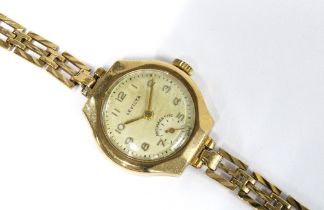 9ct gold Levicta ladies wristwatch with circular champagne dial with arabic numerals and