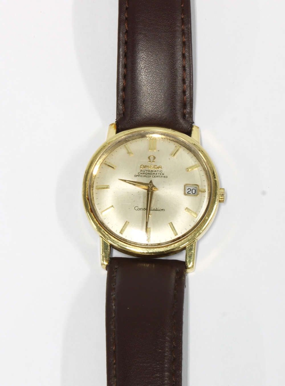 OMEGA AUTOMATIC CHRONOMETER CONSTELLATION, Gents gold plated calendar wristwatch on a brown - Image 2 of 3