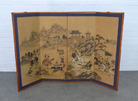 Small chinoiserie screen, four folds with warrior scene, 136 x 91cm.