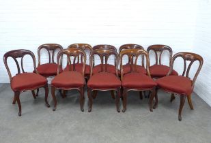 Set of ten Victorian mahogany dining chairs with red upholstered seats and cabriole legs, 52 x 88