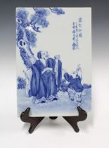 20th century Chinese blue and white porcelain plaque, rectangular form, painted with an edler and