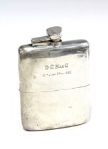 George V silver hip flask, Birmingham 1919, with later inscription and dated to 1939, hinged cover