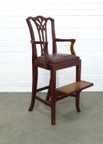 Chippendale style mahogany framed child's highchair with upholstered seat and footrest