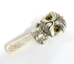 Sterling silver Owls Head babies rattle with mother of pearl handle, stamped Sterling, 8cm long