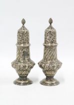 A pair of Georgian style silver plated sugar castors, 17cm high (2)