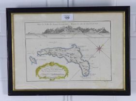 Small coloured map: Vue de l 'isle de Juan Fernandes, Benin, framed under glass, 30 x 20cm