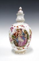 Continental porcelain vase with transfer printed pattern of classical figures, domed cover with