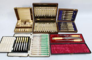 Quantity of cased cutlery and flatwares to include a carving set with composite handles, etc (a lot)