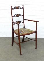 Art Nouveau mahogany and inlaid open armchair, 54 x 97 x 40cm.